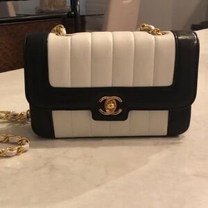 Vintage Chanel Mini Mademoiselle Bag Black and White Lambskin Gold Hardware